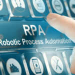 Woman using a RPA Robotic Process Automation system by pressing a button. Composite image between a hand photography and a 3D background.